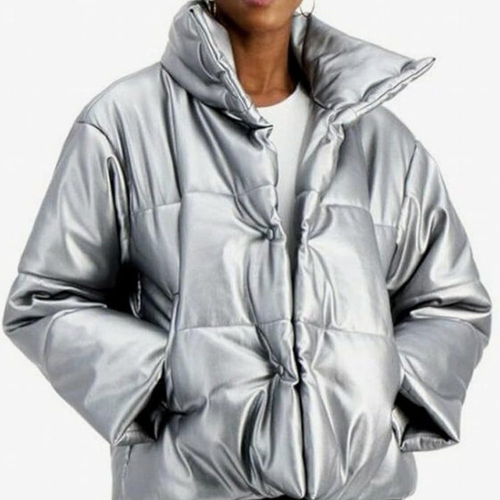 Womens INC Silver Leather Puffer Coat, High Neck Size M